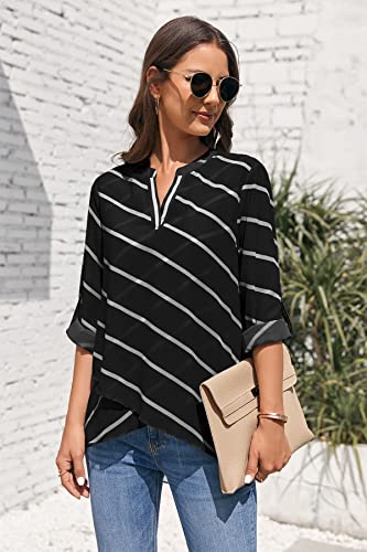 Women's V-Neck Chiffon Tops Fashion Casual Shirt Business Work Blouse With Adjustable Sleeves Black And White #TOP2