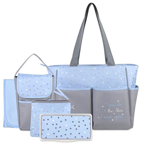 Image of Diaper Bag Tote 5 Piece Set with Sun, Moon, and Stars, Wipes Pocket, Dirty Diaper Pouch, Changing Pad (Grey/Blue)