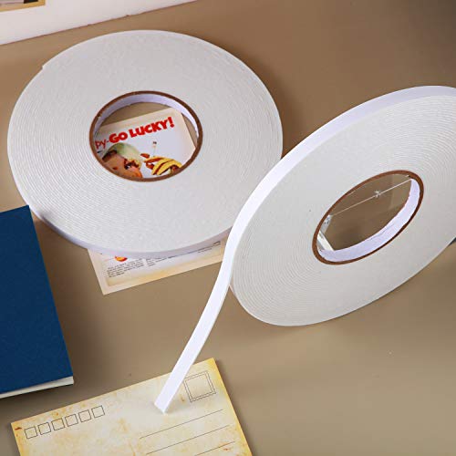 Image of Tatuo 2 Rolls Double Sided Foam Tape 3 /8 Inch by 50 Feet White PE Foam Tape Sponge Soft Mounting Adhesive for DIY Craft Picture Poster Hanging