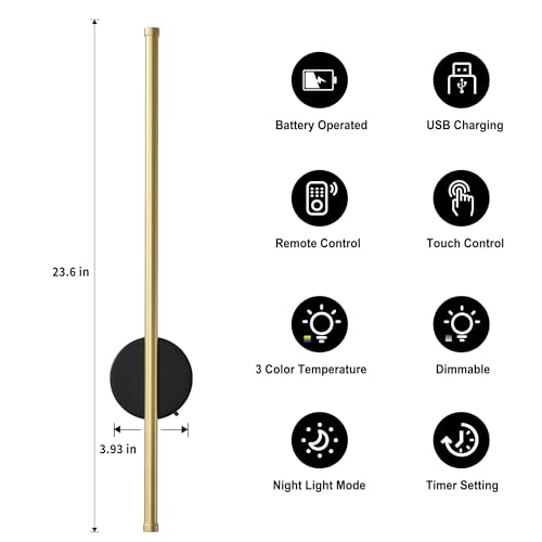 Image of Battery Operated Modern Wall Sconce Set of Two,Rechargeable Wireless Wall Lights with Remote Control,Dimmable,3 CCT,Cordless Lighting Fixtures for Bedroom,Living Room,Hallway,23.6 Inch,Black Gold