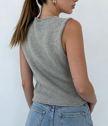 Image of Womens Vintage Knittd Tank Y2k Vest Crop Top Sleeveless V-Neck Open Front Button Crochet Knit Vests Versatile Tops