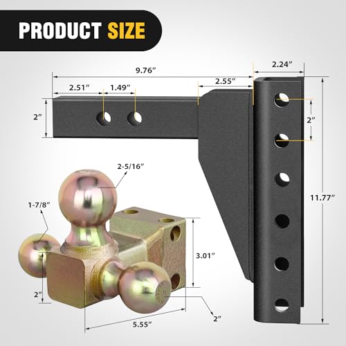 Image of Nilight Adjustable Tri-Ball Trailer Hitch Mount 8 Inch Drop /Rise Hitch 1-7 /8 inch 2 inch 2-5 /16 inch Fits 2-Inch Receiver 15000lbs GTW for Heavy Duty Truck with Anti-Theft Pin