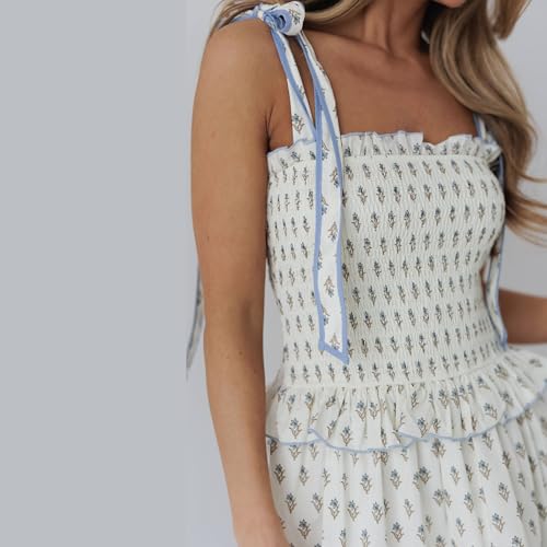 Image of Women Y2k Boho Maxi Dress Tie Shoulder Backless Strappy Tiered Flowy Dress 2024 Summer Floral Beach Sundress