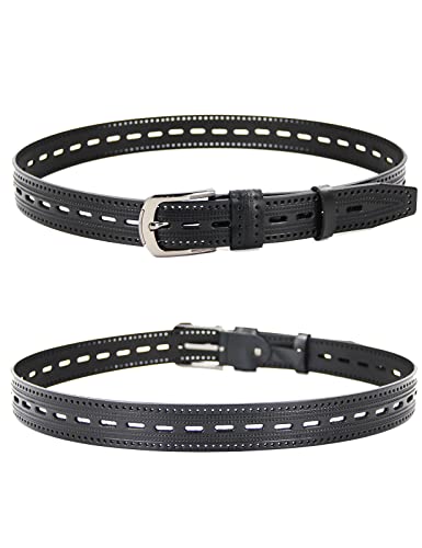 URAMAN Genuine Leather Dress Belt for Men Business Casual Hollow Out Western Country Cowboy Belts for Jeans Pants Black4