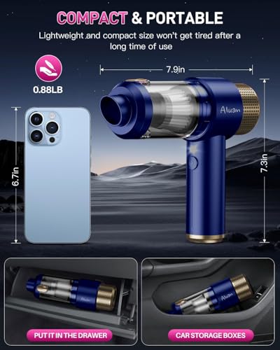 Image of Aluan 4-in-1 Portable Vacuum Cleaner for Car Use, 15000PA Strong Suction Handheld Vacuum for Car and Home, Inflator and Air Bleed Function, Vacuum for Keyboard, Pet Hair, Car Detailing (Blue)