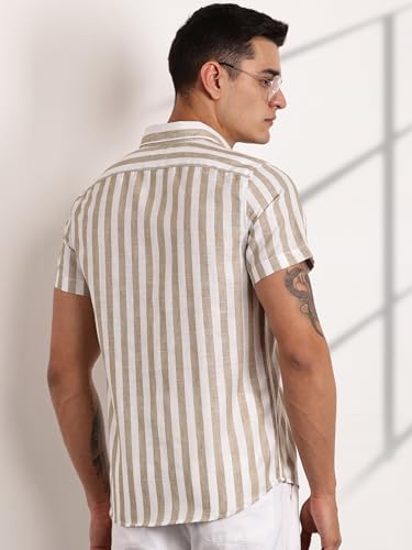Image of Thomas Scott Men's | Stripes | Half Sleeve | Slim Fit | Linen Blend | Spread Collar | Casual Shirt