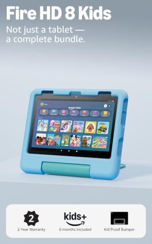 Image of Amazon Fire HD 8 Kids tablet (newest model), ages 3-7. With bright 8 inch HD screen. Includes ad-free and exclusive content, parental controls and 13-hr battery, 32GB, Blue