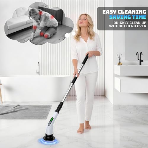 Image of Electric Spin Scrubber, 2-Speed Cleaning Brush, Extendable Handle (White) | Includes 7 reusable brush heads and an IPX7-rated design for cleaning bathrooms, showers, kitchens, tile, floors, and grout