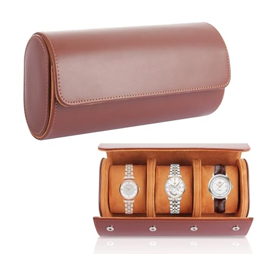 LOPYXBR Watch Travel Case 3 Slot for Men Leather Watch Roll Travel Case for 3 Watches Leather Case for Storage and Display, Fits All Wrist & Smart Watches Up to 50mm (Brown)