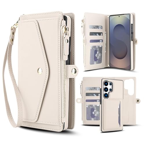 Étui pour Samsung S25 Edge blanc portefeuille en cuir avec fermeture éclair et sangle amovible