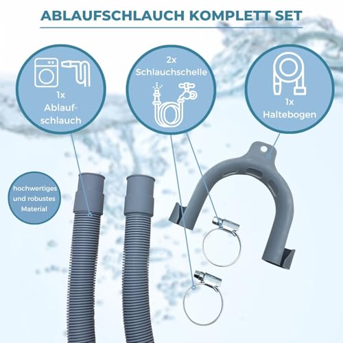 LICHTBLAU Ablaufschlauch 4,0 m für Waschmaschine & Geschirrspüler – Wasserablaufschlauch Universal – Komplettset mit Schlauchschellen & Haltebügel – Abwasserschlauch Spülmaschine Waschmaschine