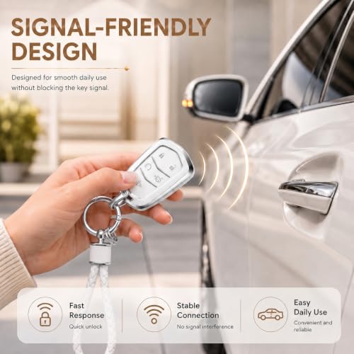 Image of Key Fob Cover for Cadillac, White Braided Loop, Silver Edge