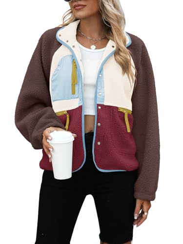 Yanekop Womens Fleece Jacket Fuzzy Long Sleeve Short Winter Coats Button Down Sherpa Jacket Outerwear with Pockets