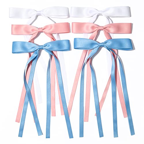 Aileam 6Pcs Hair Bows For Women Hair Clip Hair Tassel Hair Ribbon Ponytail Holder Accessories Slides Metal Clips Barrettes Girls Toddlers Teens Pink Blue White cover
