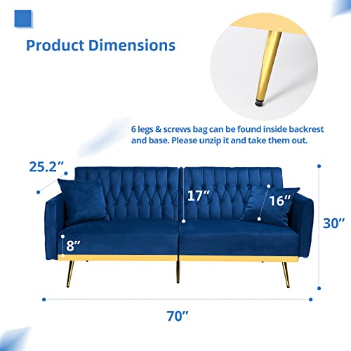 Acmease 70” Velvet Futon Sofa Bed W/Adjustable Armrests And Backrest, Convertible Futon Couch W/2 Pillows, Modern Sleeper Bed For Living Room, Bedroom, Blue #TOP6
