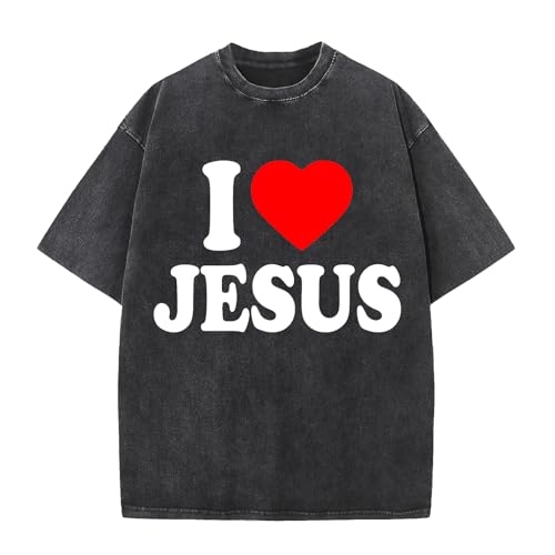 ​I Love Jesus T-Shirt I Heart Jesus Shirts Men's Christian Faith Unisex Washed Vintage Soft Cotton Crew Neck T-Shirt
