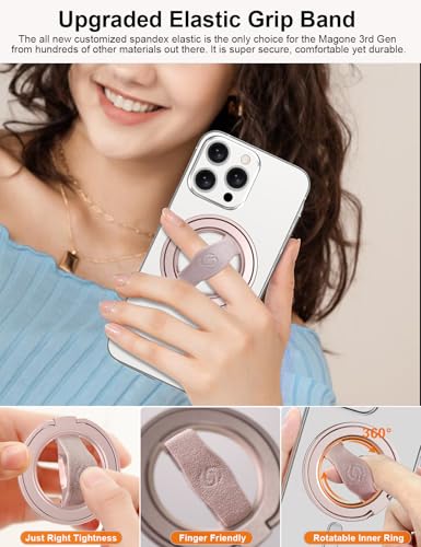 Image of EWA MagOne 3rd Gen [Compatible with MagSafe] Phone Grip Stand with Finger Strap, Removable Magnetic Ring Holder Kickstand Loop for iPhone 17,16,15,14,13,12 Series (Pink)