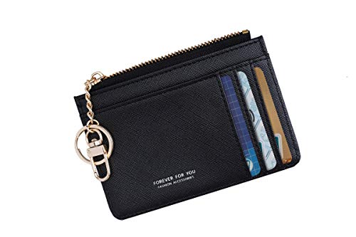 Women Slim Leather Minimalist Front Pocket Wallet Card Case Holder with ID Window & Keychain (Black)