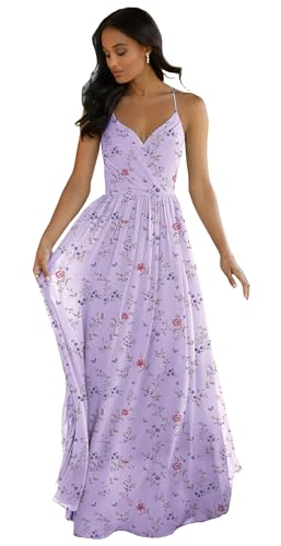 Image of LANGKAAO Women's V Neck Bridesmaid Dresses Long for Wedding A-Line Chiffon Open Back Formal Gown with Pockets