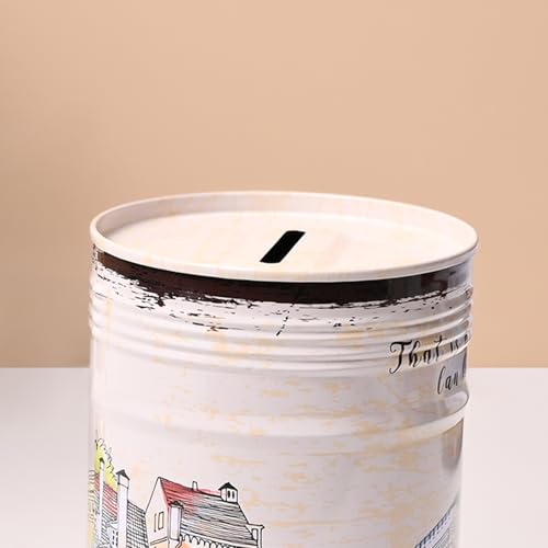 Image of Market99 Round Money Bank | White Tin Coin Bank with Glossy Finish & Vintage Theme Print | Stylish Piggy Bank for Kids & Adults | Decorative Savings Box for Home, Office Desk & Gifting Use