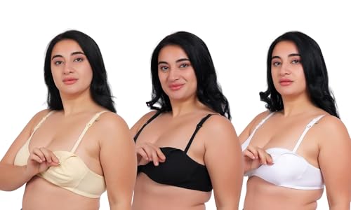 Fabme Women's Cotton Wire Free Casual Balconette Bra (Pack of 3) (Po3-BR_219_Skin, White, Black Deal