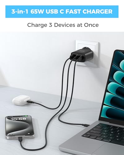 TOPADRE 65W USB C Ladegerät mit Kabel, 3-Port Schnellladegerät für iPhone – Ansicht 3