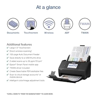 Epson Workforce ES-580W Wireless Color Duplex Desktop Document Scanner for PC and Mac with 100-sheet Auto Feeder (ADF), Intuitive 4.3" Touchscreen