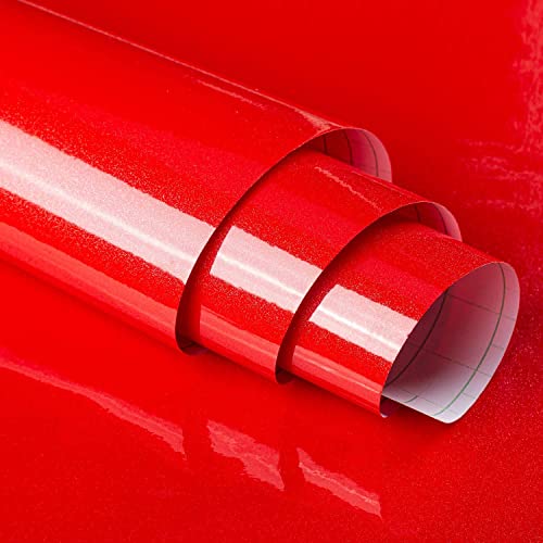Image of HOME13 Glossy Red Wallpaper Peel and Stick Kitchen Cabinet Wallpaper Counter Contact Paper Self Adhesive Shelf Liner Waterproof Shiny Red Wall Paper (24x86 Inch)