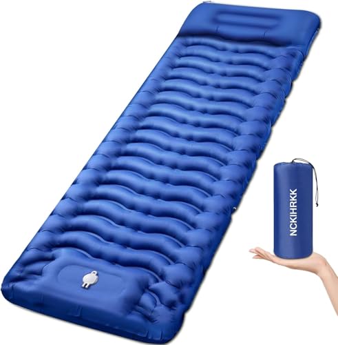 NCKIHRKK Colchon Hinchable Camping, 12 cm de Espesor Colchon Inflable Campings, Esterilla Hinchable Camping con Almohada y Bomba de Pie, Colchoneta Campings para Dormir para Senderismo Mochilero, Azul