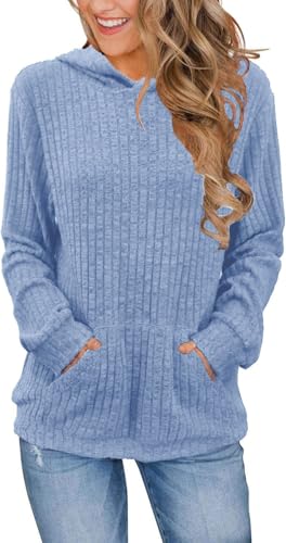 TrendiMax Hoodie Damen Herbst Übergangs Strickpullover Kapuzenpullover Einfarbig Locker Sweatshirt Damen Langarm Pullover mit Kapuze (L, Blau)
