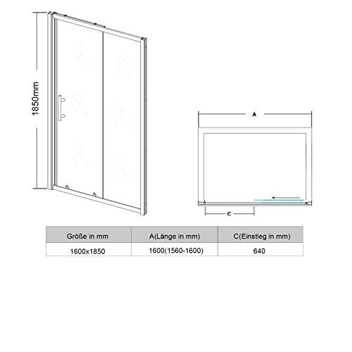 SONNI Schiebetür Dusche 160 cm Duschtüren Duschabtrennung Glasschiebetür Höhe 185 cm Klarglas Duschwand Duschkabine