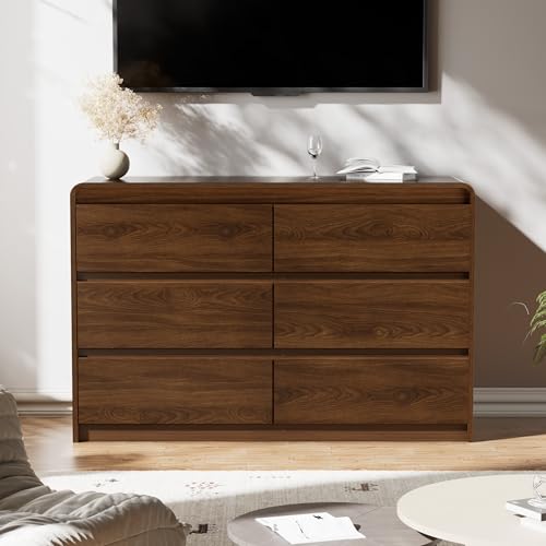 Image of Oransail 6 Drawer Dresser, 47 inch Wide Walnut Dresser Chest of Drawers, Curved Anti-Collision & Anti-Tipping Design, Mid Century Modern Wooden Dresser for Bedroom, Living Room, TV Stand