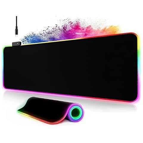 Gaming Mauspad XXL 800 x 300mm RGB Mousepad groß mit 14 Beleuchtungs Modi 7 LED Farben Vernähte Kanten Wasserdicht Anti-Rutsch für Gaming, PC, Laptop,Verbessert Präzision | Komplett Schwarz Cover