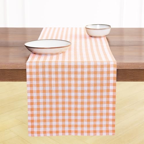 Solino Home 100% Pure Linen Table Runner Apricot, Gingham Check 14 x 72 in