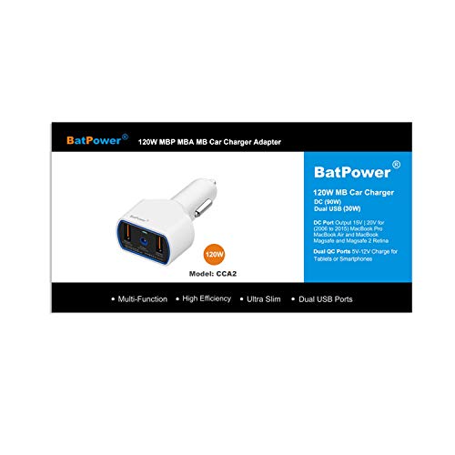 BatPower CCA2 120W Car Charger Power Supply for MacBook Pro 15 13 Retina MacBook Air 13 11 Car Adapter (MagsafeL Magsafe2 Connector), Dual QC USB Quick Charge Fast Charging for Tablet Smartphone