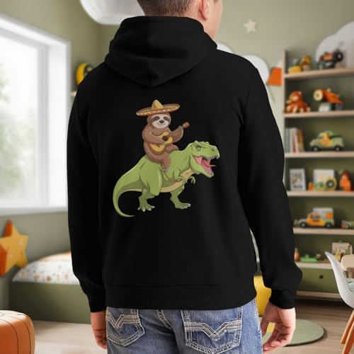 Kids Funny Mexican Sloth Riding T-Rex Dinosaur Boys Girls Lightweight Kangaroo Pocket Fleece Hoodies 7