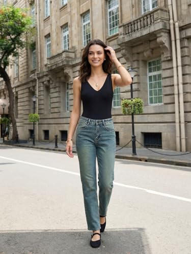 Image of Urbano Fashion Women's High Rise Straight Fit Washed Jeans Non-Stretchable