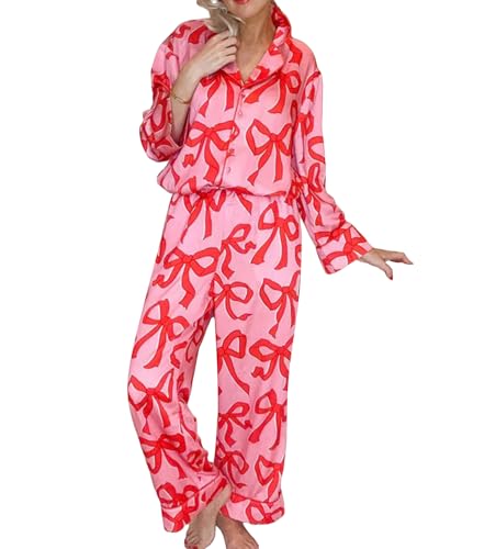 MAINESAKA Womens Button Down Pajamas Set Long Sleeve Bow/Heart Print Button Up Shirt Lounge Pants y2k Pjs Cute Sleepwear (Bow, L)