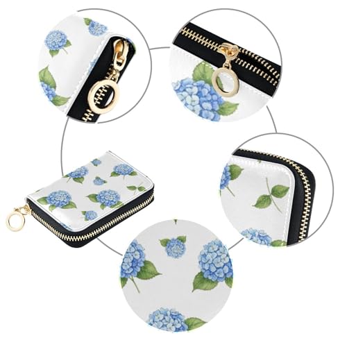 Small Wallet for Women Cute Card Holder RFID Blocking Zip Around Coin Purse Pouch with Zipper Blue Hydrangea Flowers White4