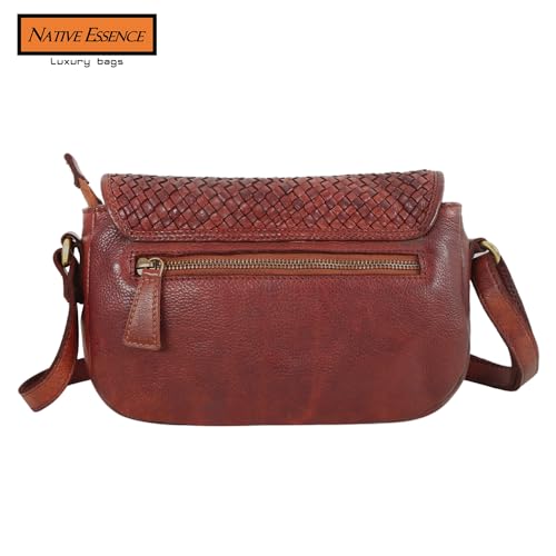 Genuine Leather Crossbody Bags for Women, Hand Woven Cognac Brown Sling Bag, Designer Trendy casual office bag Soft Square Weave braided Boho Vintage Saddle Purse with Adjustable Strap2