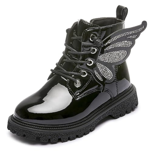 FM2018XSL Botines Niña de Charol con Mariposa, Botas Infantiles Elegantes con Cremallera, Zapatos Casual con Piel Sintética(Negro-35)