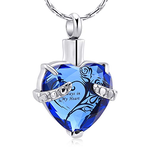 Constantlife Crystal Heart Shape Cremation Jewelry Memorial Urn Necklace For Ashes, Stainless Steel Ash Holder Pendant Keepsake With Gift Box Charms Accessories For Women (Blue-Silver) #TOP1