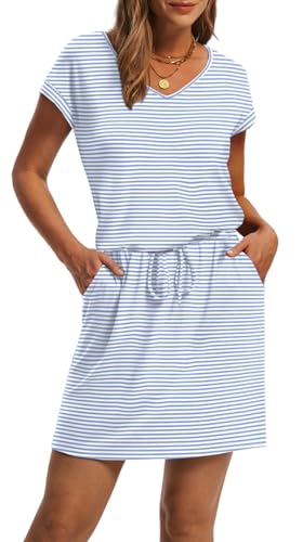 Image of OFEEFAN Summer Dresses for Women 2026 V Neck T Shirt Casual Mini Dresses Tie Waist Sundresses with Pockets