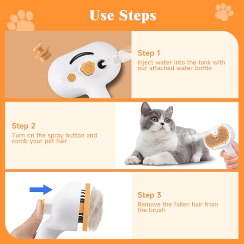 Image of Pet Steam Brush for Dog & Cat - 3-in-1 Spray Hair Removal Comb for Shedding & Grooming, Softens Fur & Reduces Static - Water Brush for Long & Short Coats, Bath-Hating Pets, Includes Waterless Shampoo