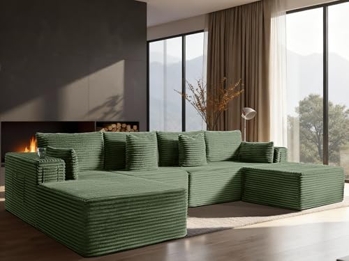 Image of 138 inch Cloud Sectional Couch, Comfort U Shaped Boneless Couch for Living Room, Extra Deep Seats No Assembly, Minimalist Modular Sofa, Corduroy (Olive Green, 3 Seater+Left Facing Chaise+Ottoman)
