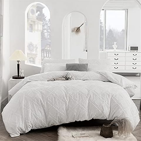 MOOWOO Shabby Chic Boho Bedding Queen Size,3 PC White Tufted Duvet Cover Set, Jacquard Comforter Cover ,Soft and Breathable with Zipper Closure & Corner Ties (White-Grid Pattern, King) Cover