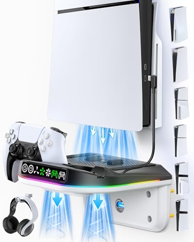Image of P S5 Wall Mount Kit with Cooling Fan and Charging Station Compatible with PS5 / Slim / Pro Disc and Digital, PS Five Floating Shelf with 9 RGB Lights, PS 5 Mount Behind TV, P5 Accessories for Gaming, Black and White