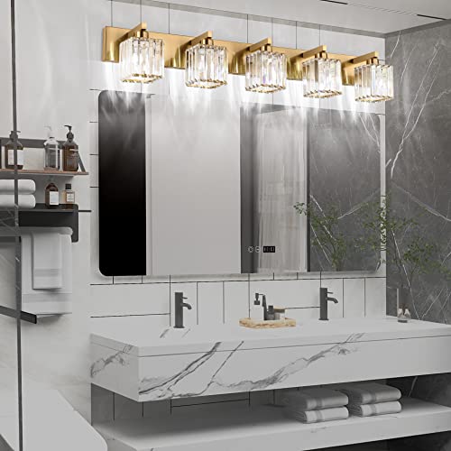 Image of Aipsun Bathroom Vanity Lights Fixtures Crystal Vanity Light 5 Light Modern Brass Bathroom Lighting Fixtures (Exclude Bulb)