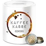 Spardose Sparbüchse Geldbüchse personalisiert mit Namen - Deko - Spardose für Erwachsene - Kaffeekasse Kaffeefleck braun mit Name - Unisize - Weiß - Geschenke mit Namen Erwachsene - UP-SD-11