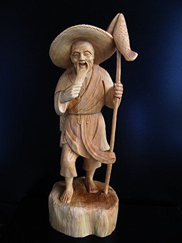 TJ039: Pretty Carved 19.5x7x6.5cm Boxwood Carving: Stunning Fish Man Fishing